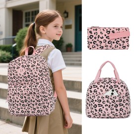 Yusudan Corduroy Girls Backpack Set, 3PCS School Backpacks for Kids Elementary Middle School Bags with Lunch Box Pencil Case (Pink Corduroy Leopard)