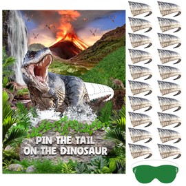 Faccito Pin Tail on Dinosaur Birthday Games Dino Party Decorations Large Poster with 24 Dino Tails Stickers Blindfold Pin The Tail Games for Dinosaur Birthday Party Decorations Activities Supplies