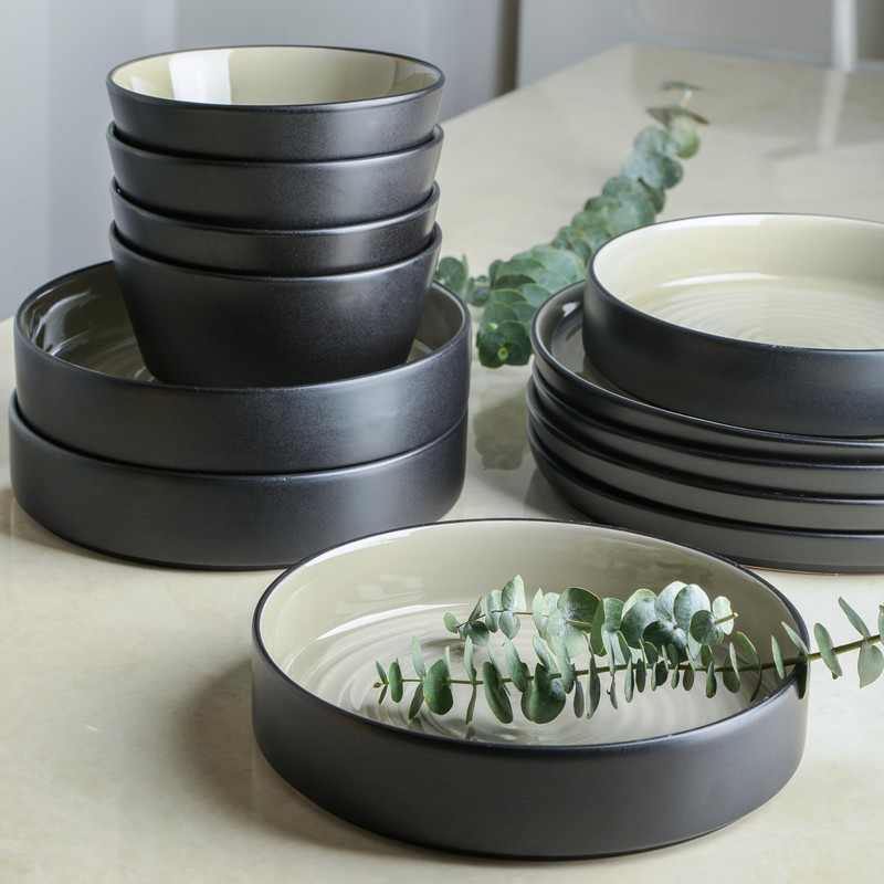 Stone Lain Elica Stoneware 12-Piece Dinnerware, Plates and Bowls Sets,