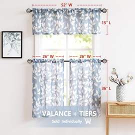 Blue White Kitchen Valance Curtain Leaf Print Window Valance for Living Room 52" w x 15" l 1 Pack