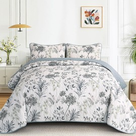 Anibedding King Size Quilt Sets Blue Floral Pattern Bespread Set, 3 Pieces Botanical Quilt Soft Microfiber Bedding Coverlet Set for All Season(104" x 90)