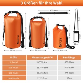 KYG Dry Bag wasserdichte Tasche, 10L/20L, mit Wasserdicht Handyhülle, Trockentasche für Strand und Outdoor Sport, Wandern, Skifahren, Angeln, Klettern, Camping, Surfen, Rafting