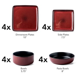Arora FLACKAR Square Stoneware 16pc Double Bowl Dinnerware Set for 4, Dinner Plates, Side Plates, Cereal Bowls, Pasta Bowls - Reactive Glaze Red (480349)