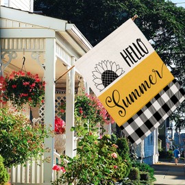 Smilyard Hello Summer Sunflower House Flag 28x40 Inch Double Sided Black and White Buffalo Check Plaid Outdoor Flags Yellow Floral Farmhouse Decorations Holiday Garden Flags for Lawn Outside Decor