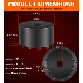 Bonbo 31520 Axle Nut Socket - 12 Pin Hub Bearing Retaining Nut Socket Tool Fits for 2019+ Dodge Ram 3500, 4500 and 5500 Heavy Duty Trucks with 12" Axles, 1/2" Drive