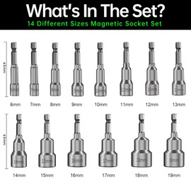 Magnets Hexagonal Socket, 14-Piece Socket Wrench Set, 6-19 mm Nut Set, Hex Shank, Socket Adapter, Socket Wrench Insert for Drills, Screw-On Wrench for Drills