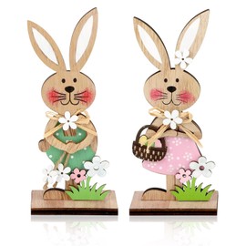 Huangzd Kaninchen Deko Aufsteller für Ostern, Osterdekoration aus Holz, Osterhase Deko aus Holz, Sterhasen-Paar mit Blume, Hase aus Holz Osterdeko zum Hinstellen für Innen Außen Desktop (A)