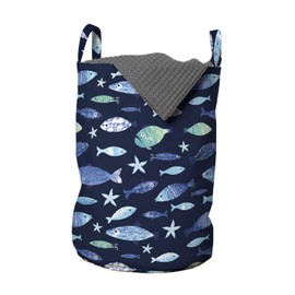 Ambesonne Fishes Laundry Bag, Silhouettes of Aquarium Animals in Watercolor Effect Marine Life Illustration, Hamper Basket with Handles Drawstring Closure for Laundromats, 13" x 19", Navy Blue Seafoam