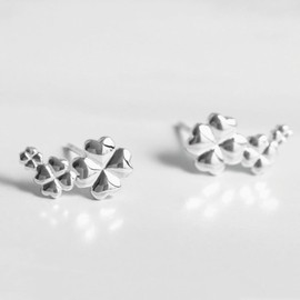 Sterling Silver Triple Glossy Lucky Clover Love Hearts Shamrock Climber Stud Earrings