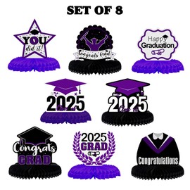 LINGTEER Congrats Grad,Class of 2025 Graduation Table Honeycomb Centerpieces - 8 pcs 2025 Graduation Party Decorations Sign - Purple.
