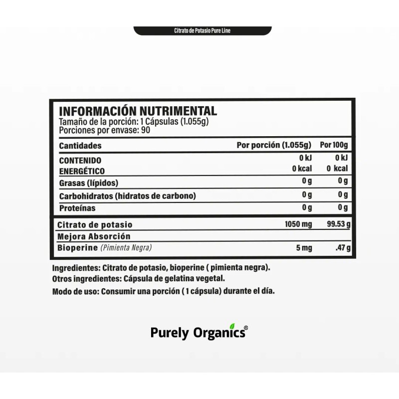 Potasio Citrato Orgánico 90 Cápsulas, Purely Organics.