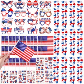 72 Pack Patriotic Leis Red White and Blue Flower Leis, 4th of July Hawaiian Leis, American Flags, Patriotic Paper Glasses and Tattoos for Fourth of July, Memorial Day, Independence Day Decorations