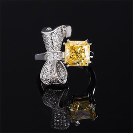 925 Sterling Silver Shiny Full Diamond Gemstone Ring 18K Gold Citrine Cocktail CZ Diamond Multi Row Bow Cubic Zirconia Promise Rings Eternity Engagement Wedding Party Ring for Women Z.177 (US Code 9)