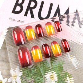 Glossy Yellow Gradient Acrylic Fake Nail Thanksgiving Medium Square False Nails Maple Leaf Press on Nails 24Pcs Fall Stick on Fingernails Autumn Red Ombre Gel Glue on Nail for Coquette Women Girls