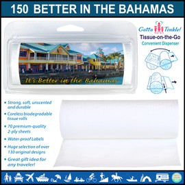 Premium Quality Mini Toilet Paper Rolls | Travel-Size | Convenient Plastic Dispenser | Lightweight & Compact | Travel & Vacation Designs (3-Pack) (150 It's Better in the Bahamas)