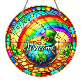 HEYINSHEN St. Patrick's Day Welcome Door Sign St Patrick's Day Decorations Wreath for Front Door Shamrock Green Hat Rainbow Welcome Wall Hanging Sign for Home Wall Indoor Outdoor Decor Irish Gifts