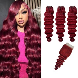 Bundles with Closure Loose Deep Wave Bundles Human Hair with 4x4 HD Lace Closure,99j Burgundy Win Red Colored Hair Bundles with Closure 14 16 18+14inch Brazilian Raw Quick Loose Wave Bundles