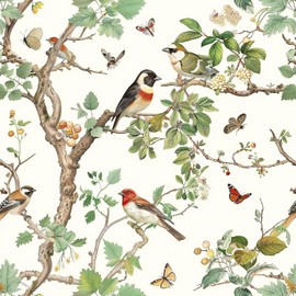 Nukofal Vintage Bird Peel and Stick Wallpaper Floral Bird Contact Paper 16.9inch x 118.1inch Leaf Floral Wallpaper Peel and Stick Boho Self Adhesive Removable Wall Paper for Bathroom Wall Decorative