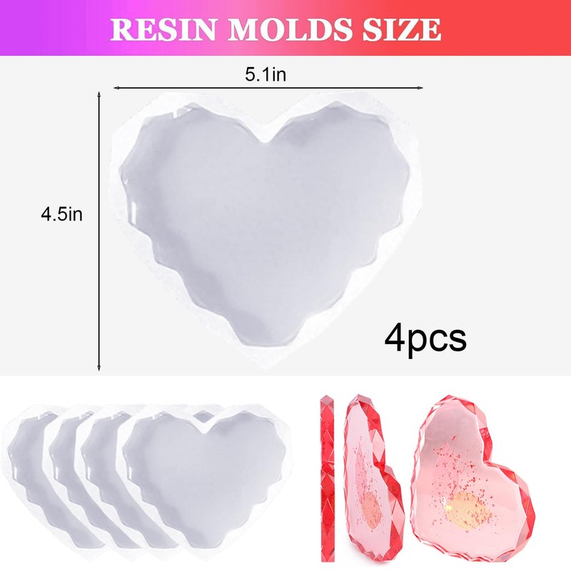 4Pcs Diamond Edge Heart Coaster Molds, Unique Silicone Molds for