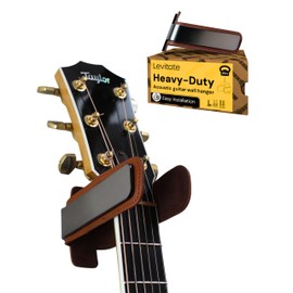 Noisy Clan Levitate Guitar Wall Mount Hanger - Heavy Duty Wall Mount Holder for Acoustic Guitar, Ukulele, Banjo - Chrome Steel & Leather Padding Easy Install Hook with Template and Fixings - Brown