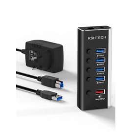 RSHTECH Aluminium USB Hub Active 3.0 with 24 W Power Supply, with 1 x Quick Charging Port, 4 x USB 3.0 Data Ports, 5-Port USB Splitter with 12 V/2 A Power Supply, for Charging and Data Transfer,