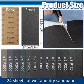 Sand Paper, Sandpaper Sheets 120/220/320/400/600/800/1000/1200/1500/2000/2500/3000 Grit, 24 Pcs Wet Sandpaper for Wood, Metal and Car Polishing (23 x 9cm/9 x 3.6inch)