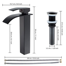 VOTON Vessel Sink Faucet Matte Black Modern Tall Waterfall Bathroom Sink Faucet with Pop-Up Drain Single Handle Bathroom Faucet 1 Hole Bowl Lavatory Vanity Faucet, Rv Sink Camper Farmhouse Faucet