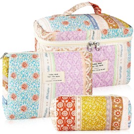 Juego de 3 Neceseres de Maquillaje Acolchados de Algodón para Mujer, Grandes Y Pequeños, con Diseño Floral Coqueto. Incluye Neceser de Viaje, Bolsa de Maquillaje Portátil con Diseño Floral Y