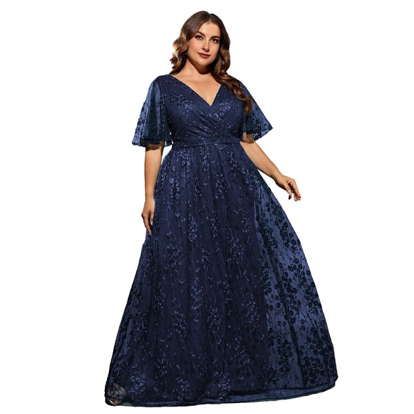 MIMIFINA Plus Size Women's V Neck Ruffles Flutter Sleeve Embroidered