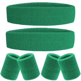 IMAGERIO 6 Pieces Sweatband Set Sports Headband Wristband Set, Moisture Wicking Athletic Sweatbands 4 Wrist Sweatband and 2 Headbands, Terry Cloth Sweat Absorbing Head Band for Workout -Dark Green
