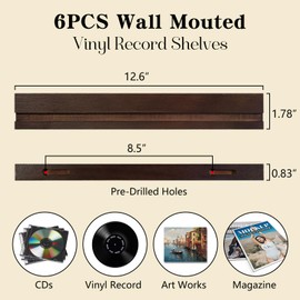 KEYWING Vinyl Record Wall Mount Set of 6 Wooden Vinyl Record Holder, Walnut Stain Finish Vinyl Record Wall Display for CDs, Album, Art Works Storage, Vintage Vinyl Record Shelf Wall Mount