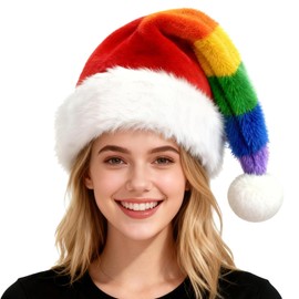 Bnikion Rainbow Santa Hat for Adult Unisex, Soft Velvet Xmas Hat, Fluffy White Fur Trim, Fuzzy Santa Clause Cap for Christmas New Year Festival