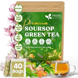 FreshDrinkUS, Premium 40 Tea Bags Soursop Green Tea, 100% Natural & Proprietary Blend from Soursop Leaves and Green Tea. Smooth Flavor. Made with Eco-Conscious Tea Bags. No Additives No Sugar, Vegan.