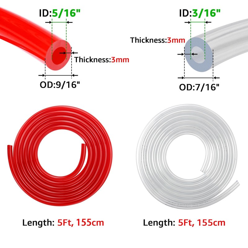 5ft Kegerator CO2 Gas Line and Beer Lines, ID 5/16''