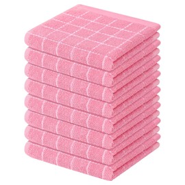 Mordimy 100% Cotton Terry Cloth Dish Cloths, Soft and Absorbent Checkered Dish Towels, Quick Drying Dish Rags for Washing Dishes, 8 Pack, 12 x 12 Inches, Pink