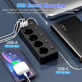 4-Way Power Strip with 2 USB A and 2 Type-C Quick Charging Ports, Multiple Socket with Individual Switch, Distribution Socket with Surge Protection for Kitchen Table Top Home, Office, Black