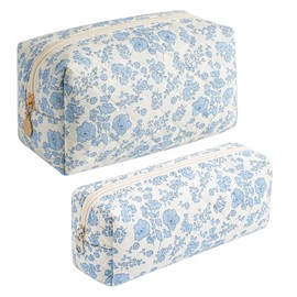 JOVAKIT 2Pcs Makeup Bag Quilted Cosmetic Bag for Women Girls, Floral Coquette Cotton Toiletry Zipper Make Up Pouch, Travel Storage Organizer Pouch (Blue Floral)