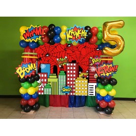 Super City Theme Red Spider Web Photography Backdrop Skyline Buildings Citycape Photo Background Kids Boys Birthday Party Decoration Banner Props (8x6FT（240x180cm）)