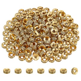PH PandaHall 200pcs Tibetan Spacer Beads Antique Golden Flat Round Beads 7.5x3mm Carved Roundelle Spacer Beads Metal Loose Beads for Jewellery Bracelet Necklace Making DIY Crafts Hole 2.5-3mm