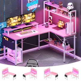Aheaplus L Shaped Gaming Desk with Power Outlets & LED Lights, Small L- Shaped Desk Computer Corner Desk with Monitor Stand & Storage Shelf, Home Office Desk Writing Desk with Storage Bag, Pink