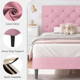 HOMBCK Twin Bed Frame, Upholstered Twin Bed Frame with Headboard, Pink Twin Bed Frame for Girls, Wood Slats, Linen Fabric, Button Tufted, No Box Spring Needed, Pink