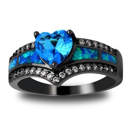 Black Engagement Ring for Women by Ginger Lyne | Promise Ring for Her | Mystic Blue Cubic Zirconia Wedding Rings | Simulated Fire Opal Birthstone or Bridal for Women