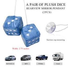 Gasedin 1 Pair Fuzzy Plush Dice for Car Mirror, 3'' Retro Square Dice with Heart-Shape, Plush Retro Dice Hanging Ornament, Universal Interior Hanging Dice Decor for Men Women (Blue)