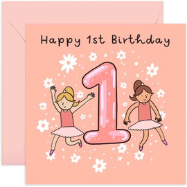 Old English Co. 1st Birthday Card for Girl with Flower Ballerina - Cute Girls Happy Birthday Cards - Pink Sparkle First Birthday Card for Her - Age One Girl Birthday Card | Blank Inside Envelope