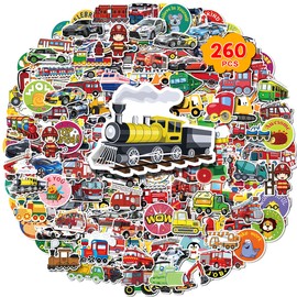 WOHOHOHO 260Pcs Cute Water Bottles Stickers, Waterproof Vinyl Police Car Bike Train Plane Stickers Laptop Decals, Funny Vehicle Stickers for Teens Teachers, Prizes for Teacher School Party Supplies