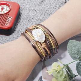 Fesciory Leather Wrap Bracelets for Women, Boho Leopard Multi-Layer Crystal Beads Cuff Bracelet Jewelry (Brown Leather(Pearl))