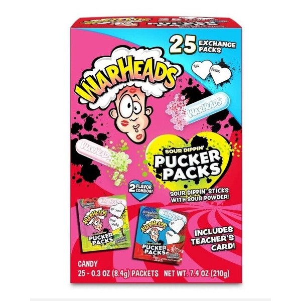 Warheads Sour Candy 25 Ct Dipping Stick Pucker Packs Fundip Powder Sugar Candy