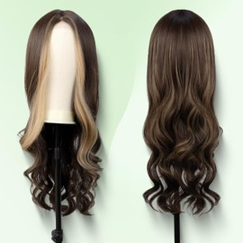 Brown Wigs Long Brown Wig for Women, 24 Inch Brown Highlights Hair Wigs with Lace, Heat Resistant Curly Synthetic Wig, Natural Looking Long Highlight Wavy Wig, Middle Part Hair Replacement Wig