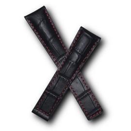 Watchstrapworld TH-MNZ-01-0531 - 20 mm Black Crocodile-Style Leather Deployment Watch Strap with red Stitching and red Lining Compatible with TAG Heuer Monza Models Listed Below