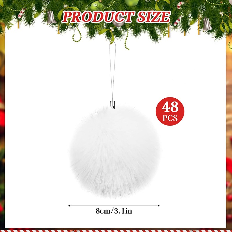 48 Pack Christmas Ball, 3.1 Inches White Fluffy Balls, Fur